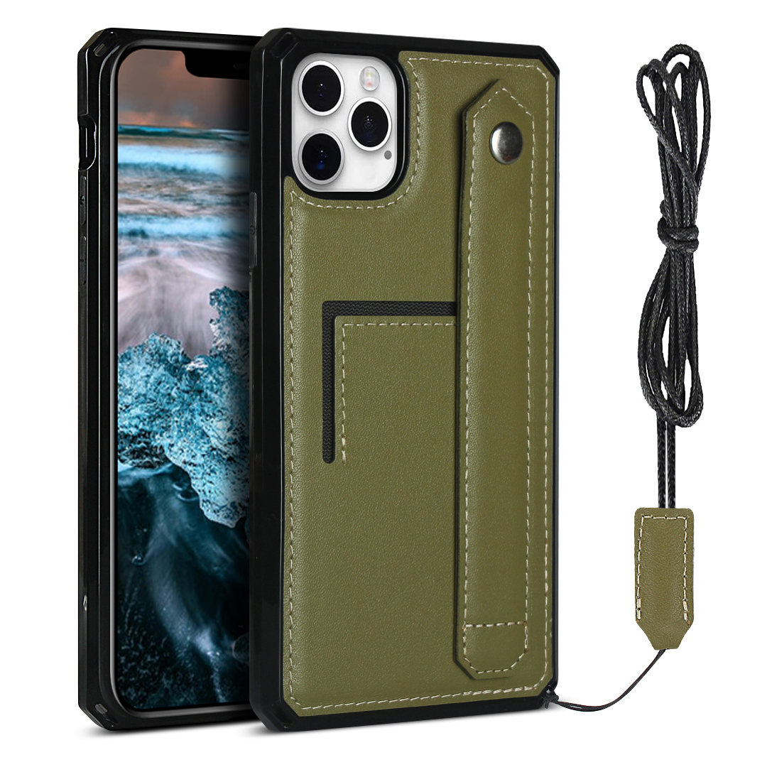 

Для IPhone 12 Pro Max Case Натуральная Кожа С Покрытием TPU С Ручным Ремешком Для Лампа - Армейский Зеленый, iPhone 12 Pro Max