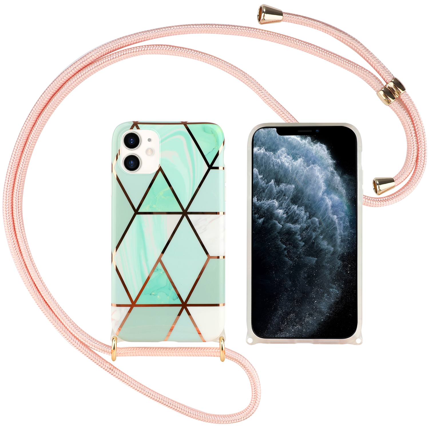 

Electroplating Geometry Pattern TPU Phone Cover Case with Adjustable Lanyard for iPhone 12/12 Pro - Green Geometry, iPhone 12 Pro