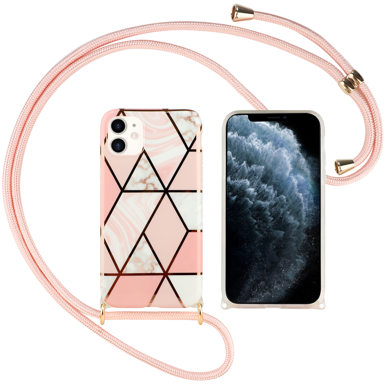 

TPU + Гальваническое Покрытие Телефона С Регулируемым Ремешком Для IPhone 12 Pro Max - Розовая Геометрия, iPhone 12 Pro Max