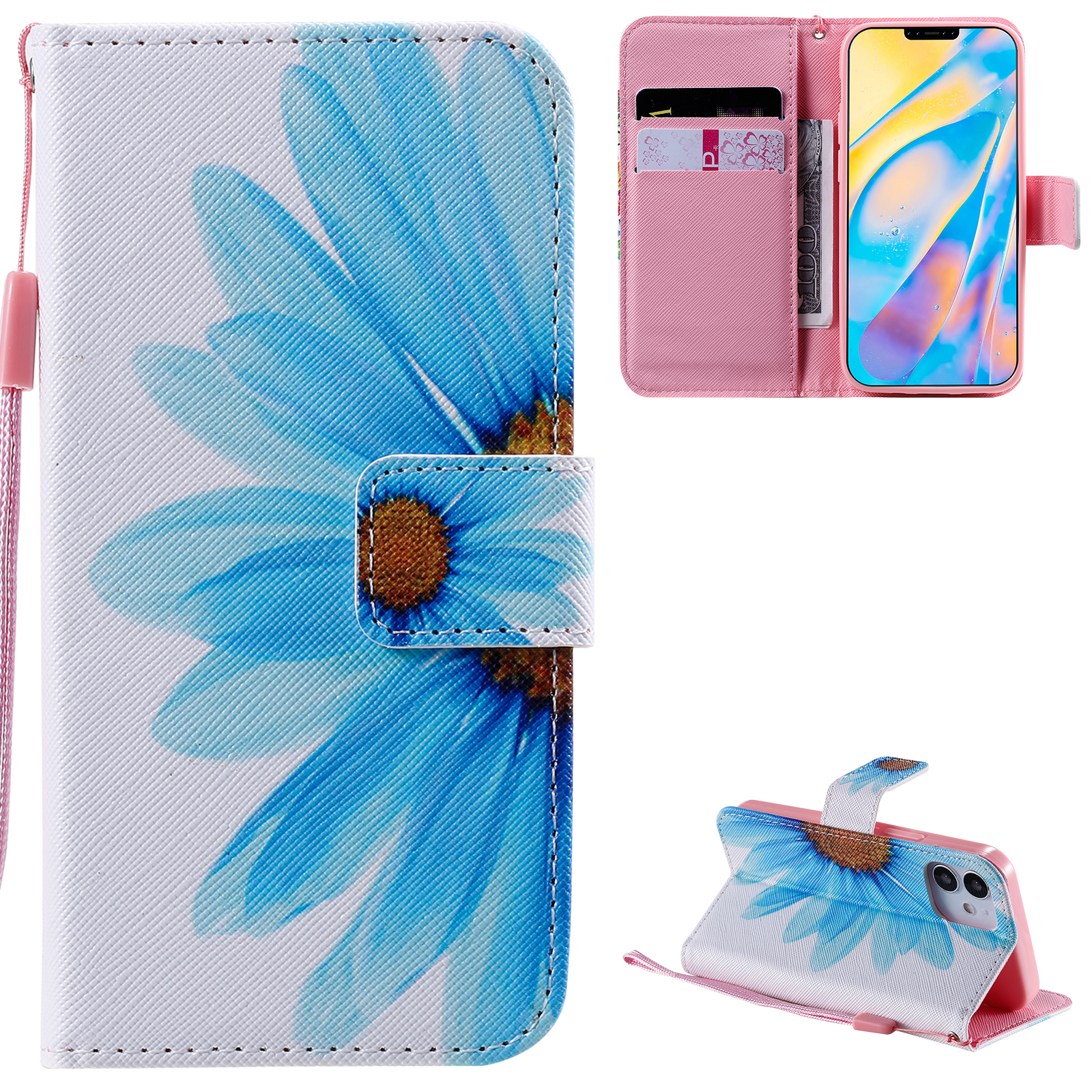 

Patterned Leather Protective Case with Wallet Stand for iPhone 12 mini - Blue Flower, iPhone 12 mini