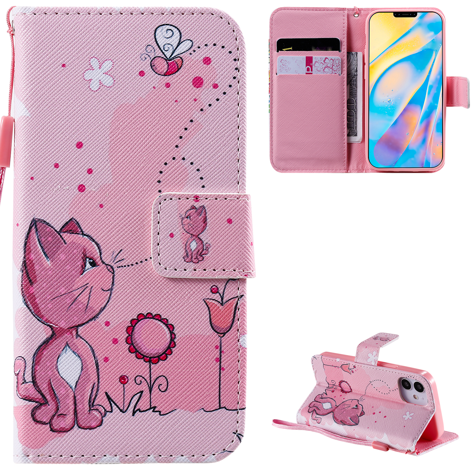 

Patterned Leather Protective Case with Wallet Stand for iPhone 12 mini - Cat, iPhone 12 mini