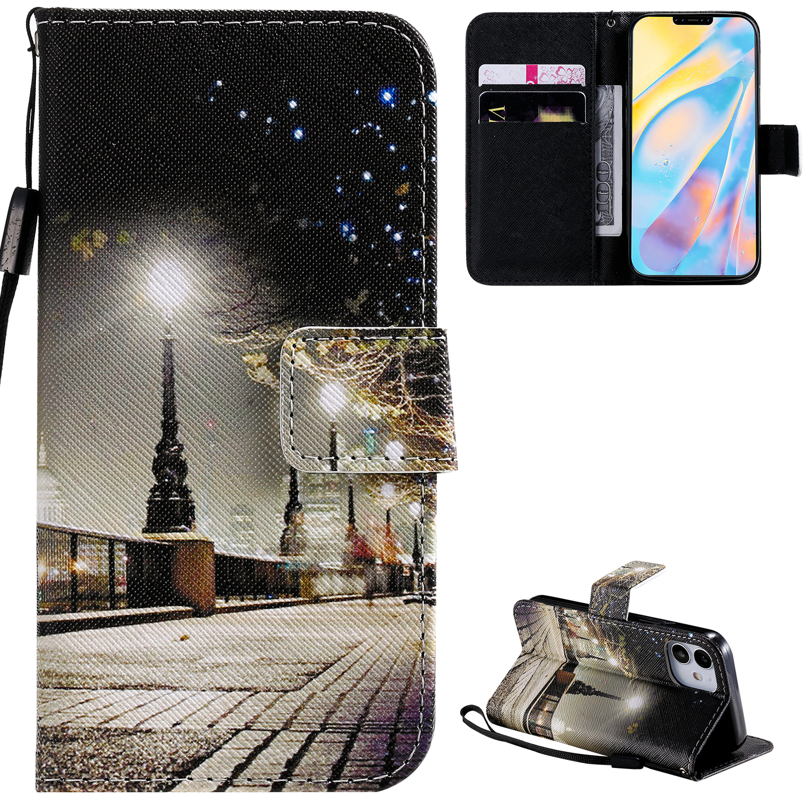 

Patterned Leather Protective Case with Wallet Stand for iPhone 12 mini - Street at Night, iPhone 12 mini