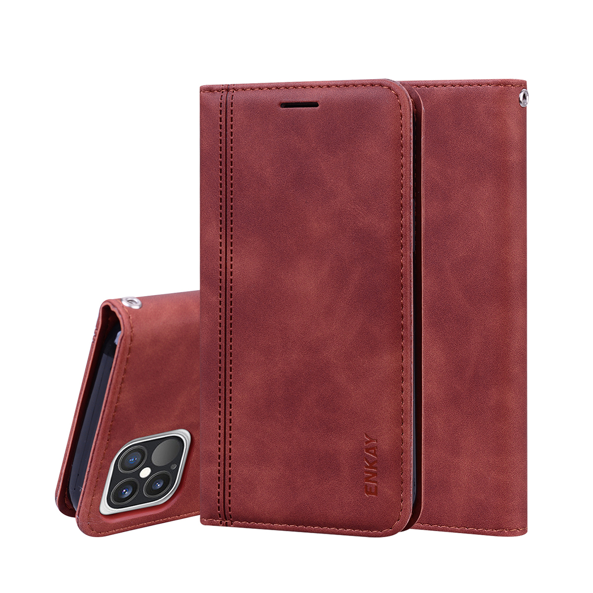 

ENKAY ENK-PUC026 Business Style Auto -Absorbed Leather Phone Case with Card Holder and Stand for iPhone 12 Pro Max - Red, iPhone 12 Pro Max