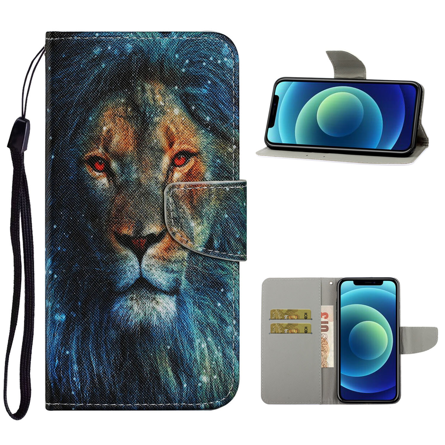 

Кожаный Кошелек Стенд С Печатью С Рисунком Для IPhone 12/12 Pro - Лев, iPhone 12