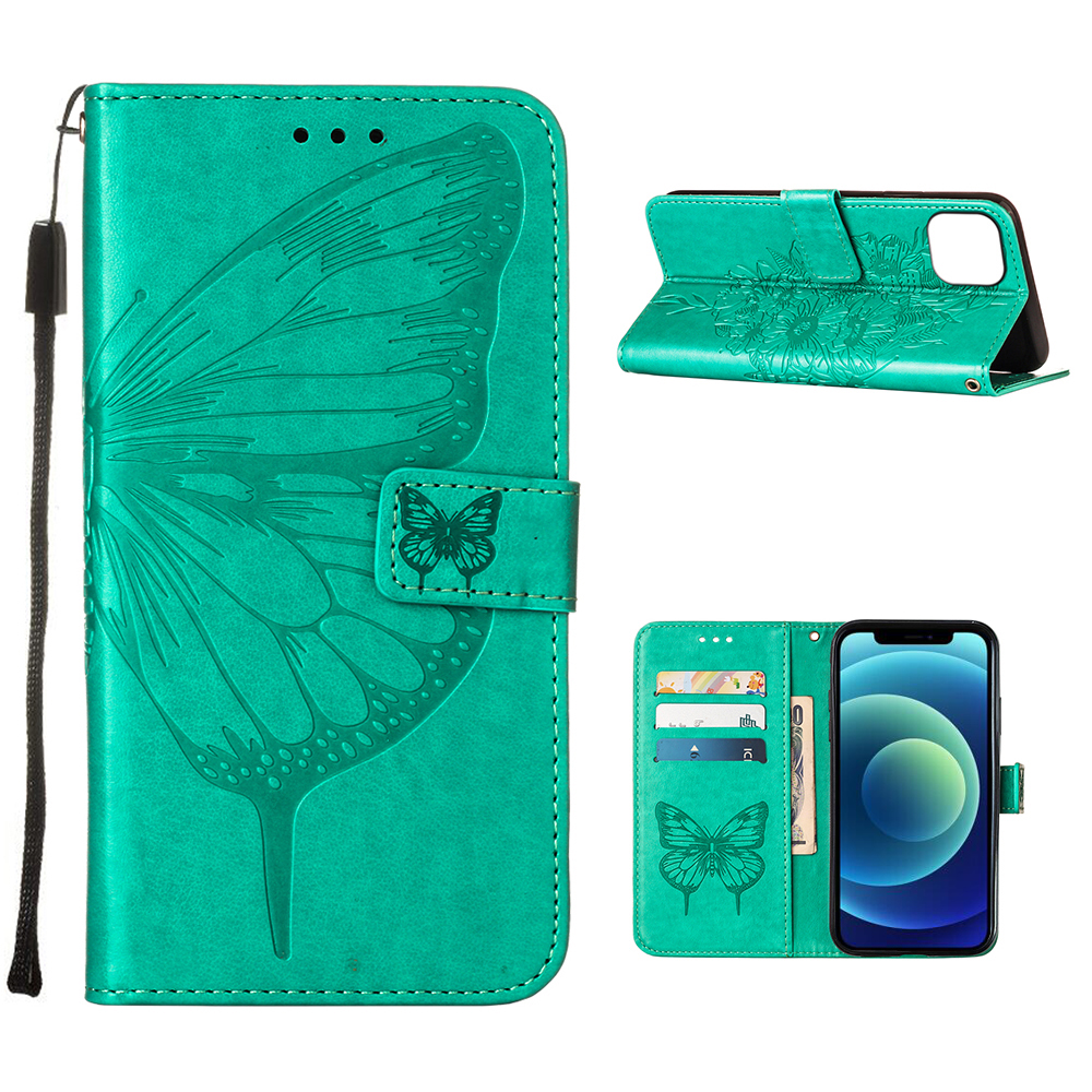 

Imprint Butterfly Wallet Stand Leather Case for iPhone 12 / iPhone 12 Pro - Cyan, iPhone 12