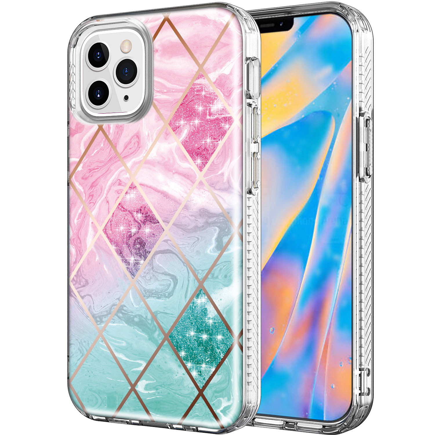 

ТПУ Гальваническое Телефонное Покрытие Чехол С Печатью С Рисунком Для IPhone 12/12 Pro - Розовая / Зеленая Геометрия, iPhone 12