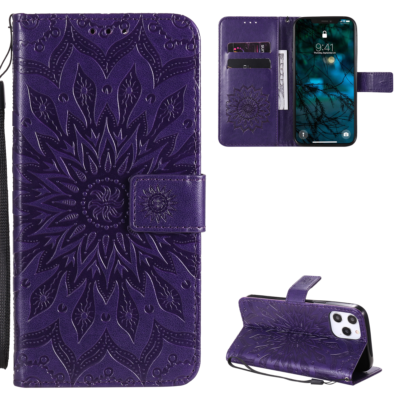 

KT Implinting Flower Series-1 Подсолнечный Рисунок Импринтинг Кожаный Телефон Для Iphone 12 Pro Max - Темно Фиолетовый, iPhone 12 Pro Max