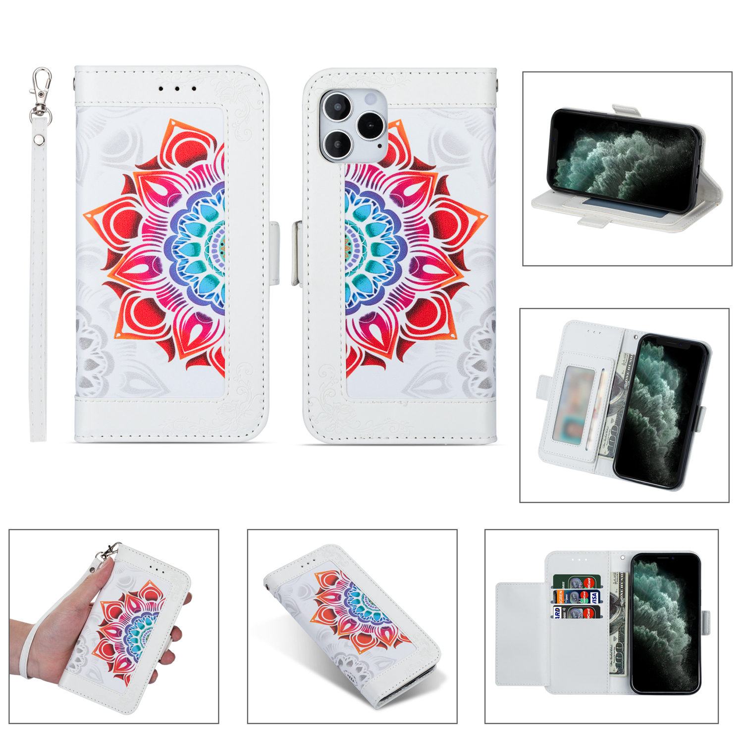 

Цветочный Узор Печать PU Кожи + TPU Кошелек Стенд Для IPhone 12 Mini - Белый, iPhone 12 mini
