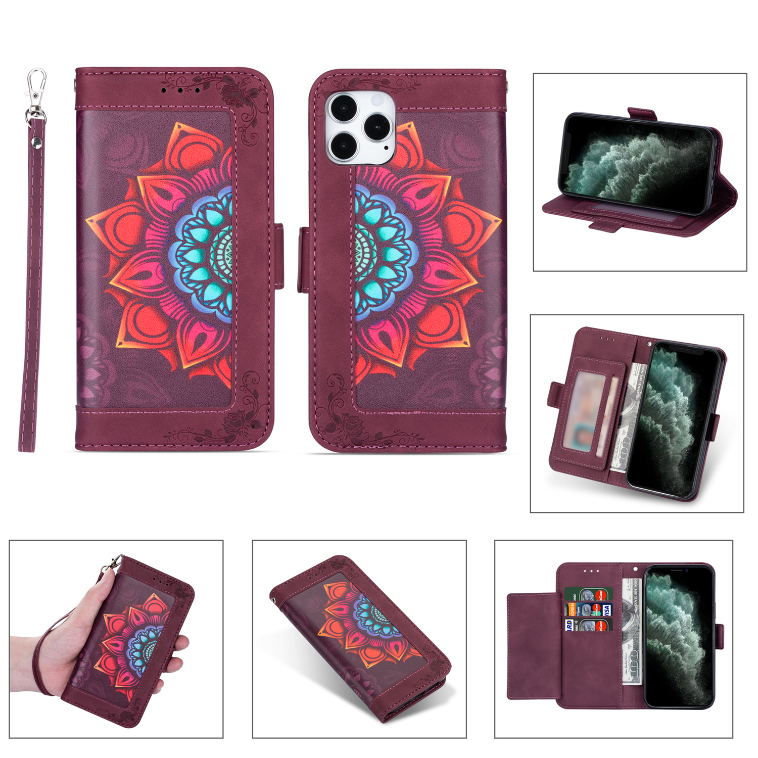 

Цветочный Узор Для Печати PU Кожаный Кожаный Стенд Для IPhone 12/12 Pro Cover - Красное Вино, iPhone 12