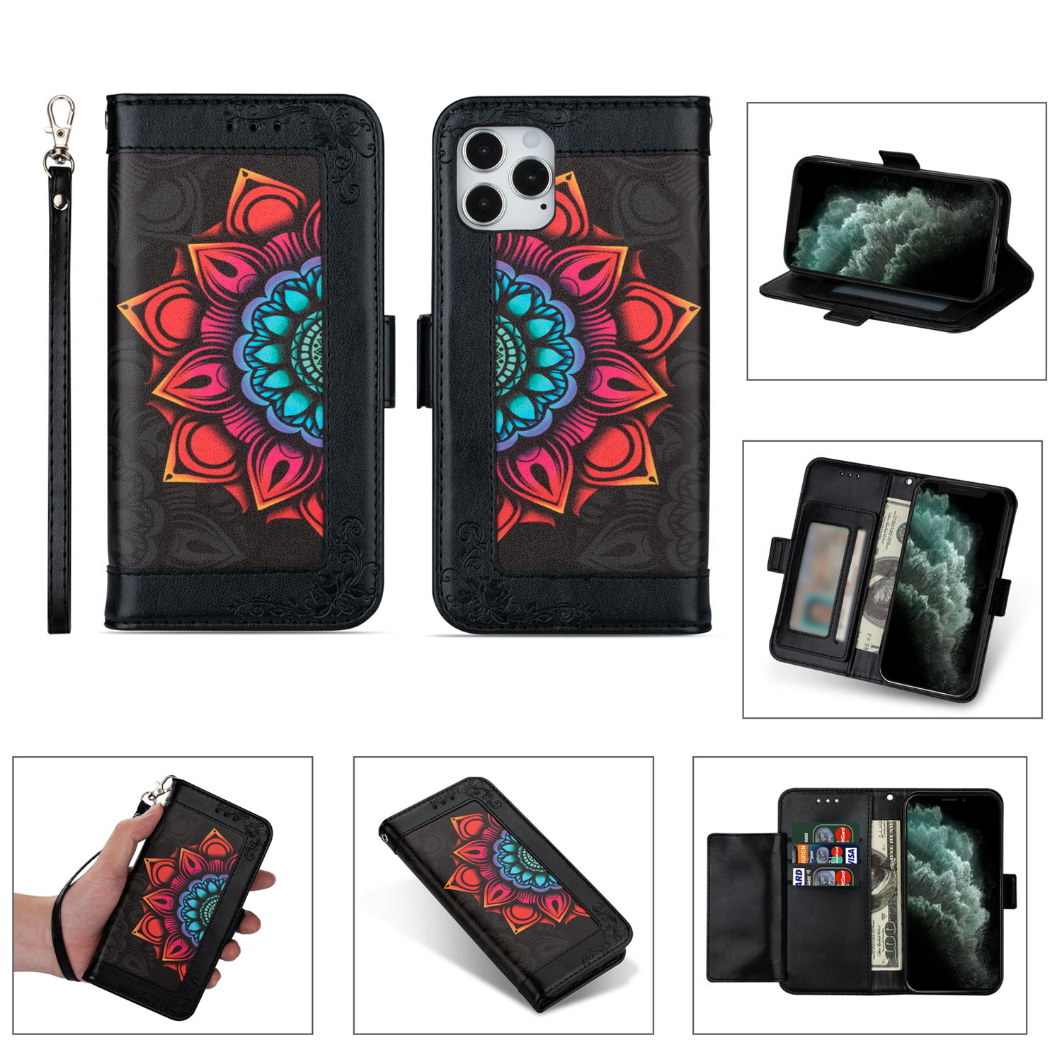 

Цветочный Узор Печати PU Кожи + TPU Кошельки Телефона Чехол Для IPhone 12 Pro Max - Чернить, iPhone 12 Pro Max