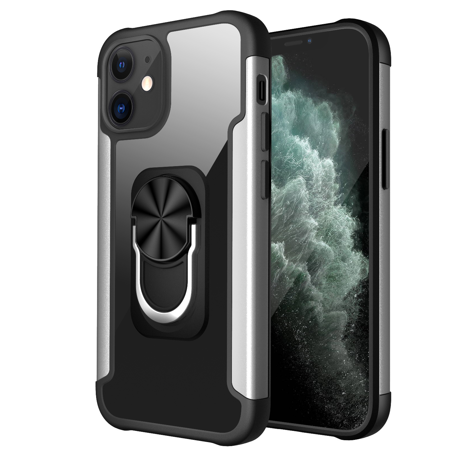 

R-Jureding Finger Кольцо Кимстрянный Падение ТПУ + ПК Защитный Телефон Крышка Для IPhone 12 / 12 Про - Серебро, iPhone 12 Pro