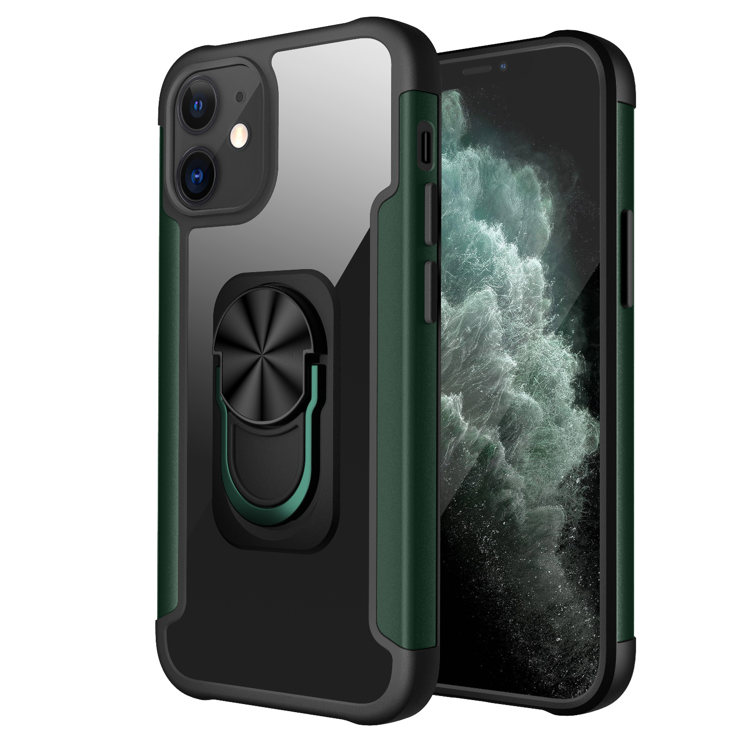 

R-JUST Finger Ring Kickstand Drop-proof TPU+PC Protective Phone Cover for iPhone 12 / 12 Pro - Green, iPhone 12 Pro