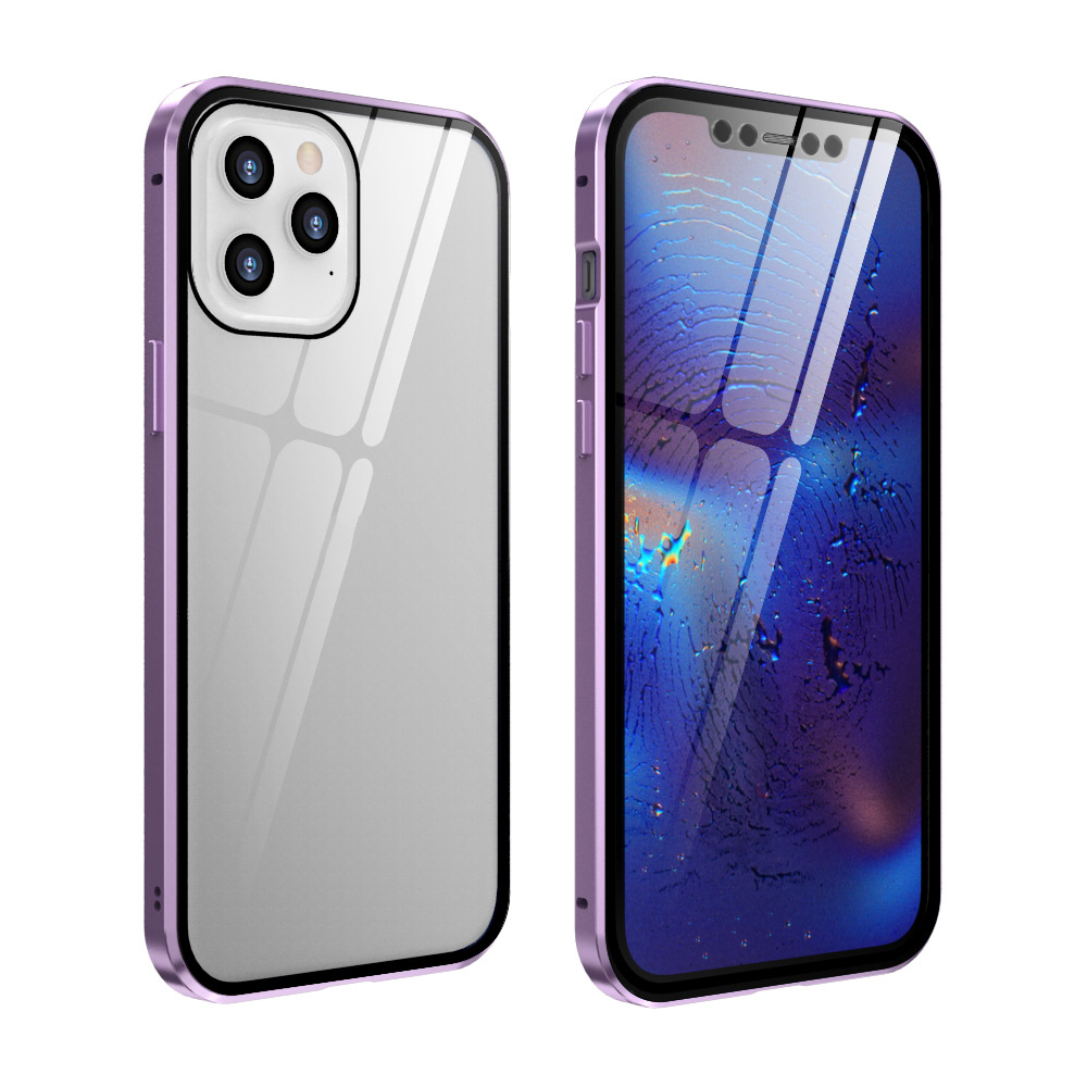 

For iPhone 12/12 Pro Case Magnetic Installation Metal Edge + Double-sided Tempered Glass Cover - Purple, iPhone 12