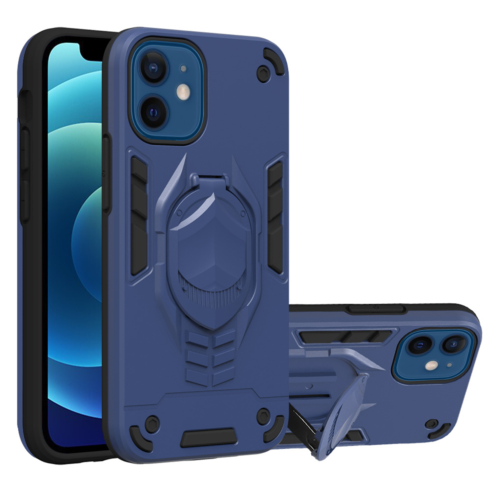 

Удароженным ПК + ТПУ Телефон Case С Kickstand Для IPhone 12 Mini - Темно-синий, iPhone 12 mini