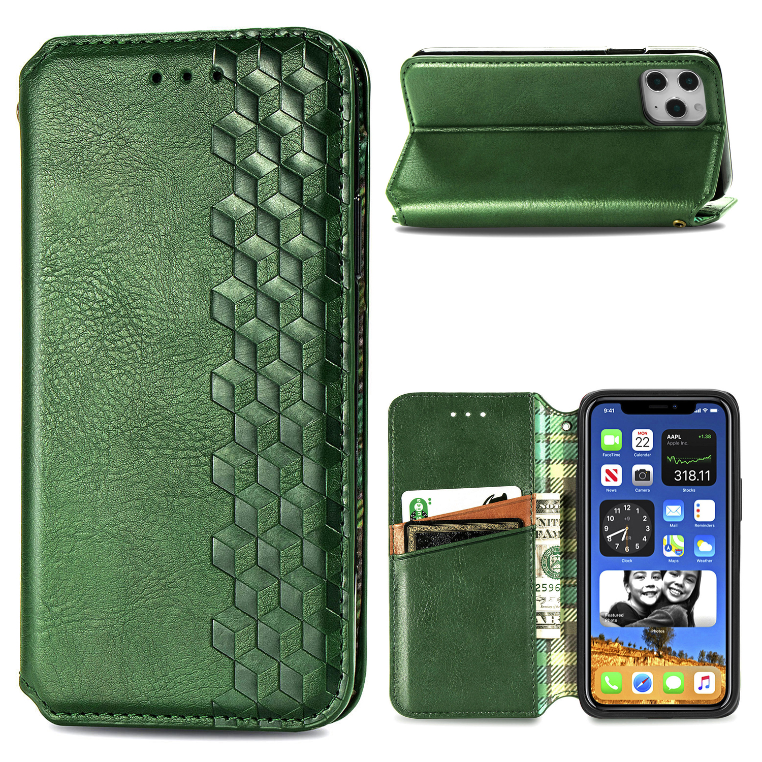 

Diamond Effect Fashionable Auto-Absorbed Leather Phone Case for iPhone 12 Pro Max - Green, iPhone 12 Pro Max