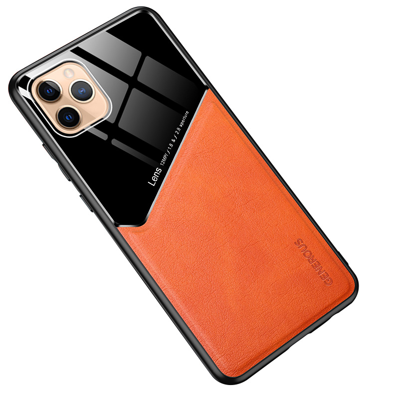 

For iPhone 12 Pro / 12 6.1 inch Leather Coated Glass PC TPU Hybrid Cover with Built-in Magnetic Metal Sheet - Orange, iPhone 12