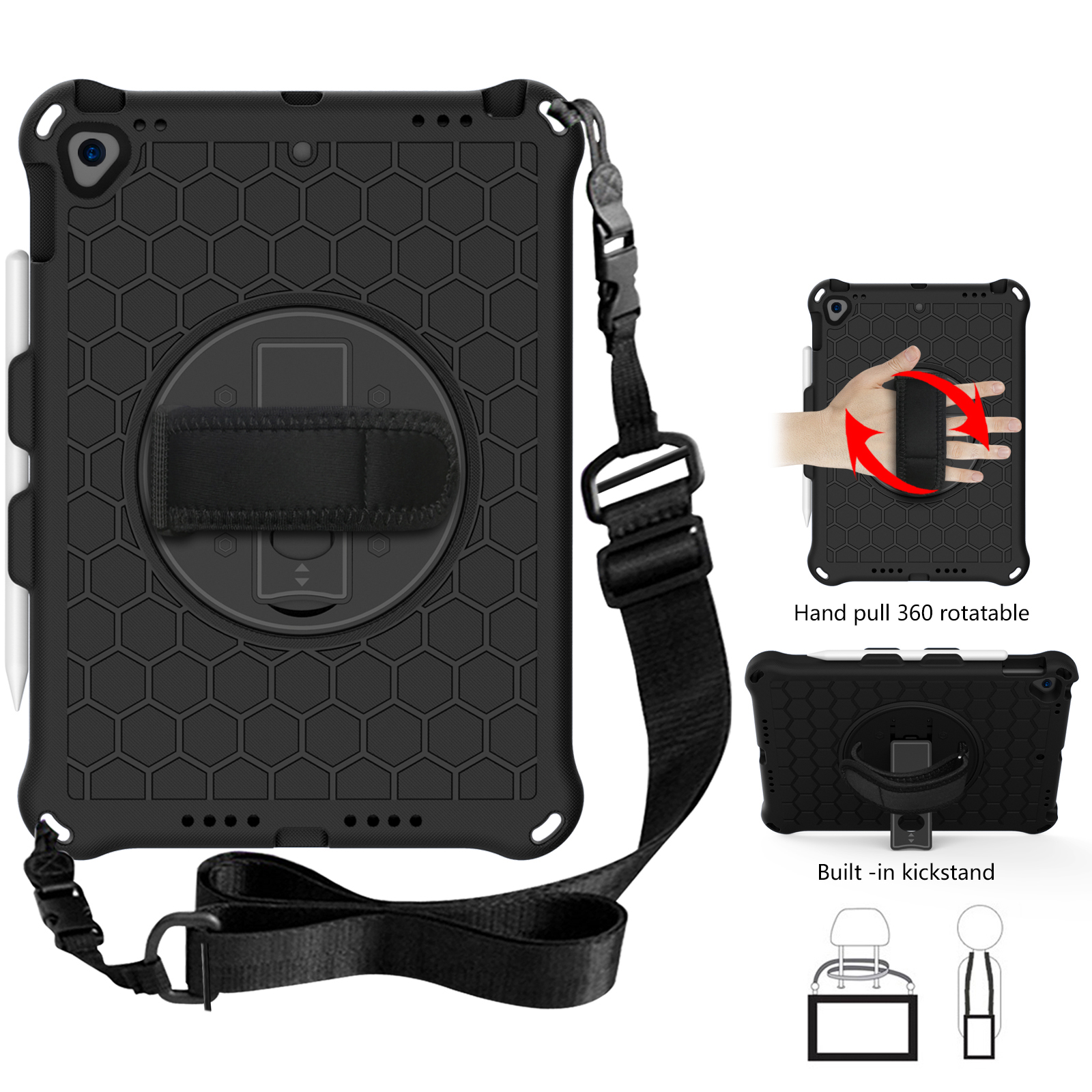 

360 Degree Swivel Kickstand Honeycomb Texture Tablet Cover Case with Shoulder Strap for iPad Air 10.5 inch (2019) - Black/Black, iPad Air 10.5 inch (2019)