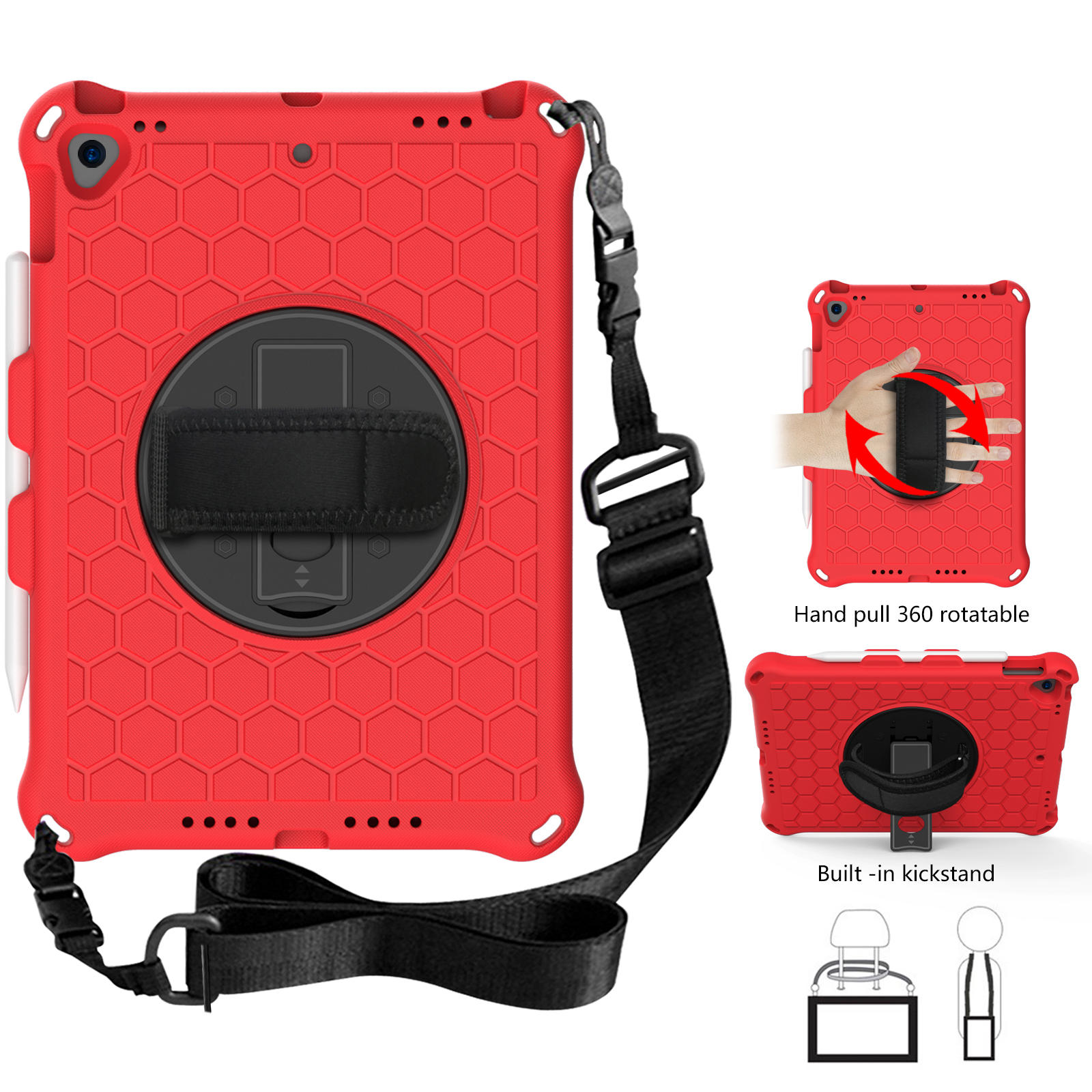 

Honeycomb Texture Swivel Kickstand Shoulder Strap + Handy Strap Tablet Cover Case for iPad 10.2 (2021)/(2020)/(2019) - Red/Black, iPad 10.2 (2020)