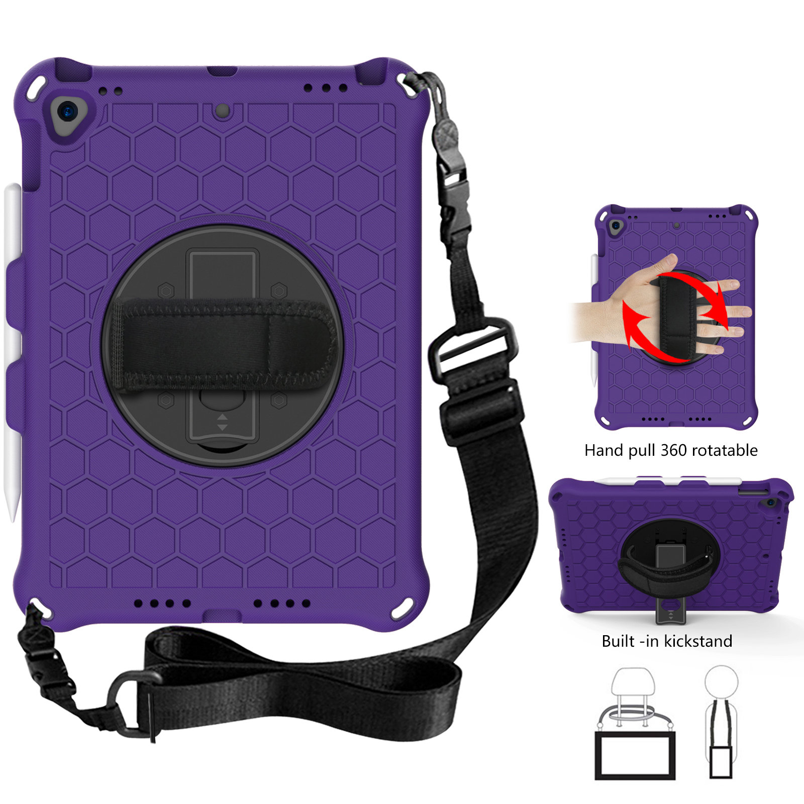 

Honeycomb Texture Swivel Kickstand Shoulder Strap + Handy Strap Tablet Cover Case for iPad 10.2 (2021)/(2020)/(2019) - Purple/Black, iPad 10.2 (2020)