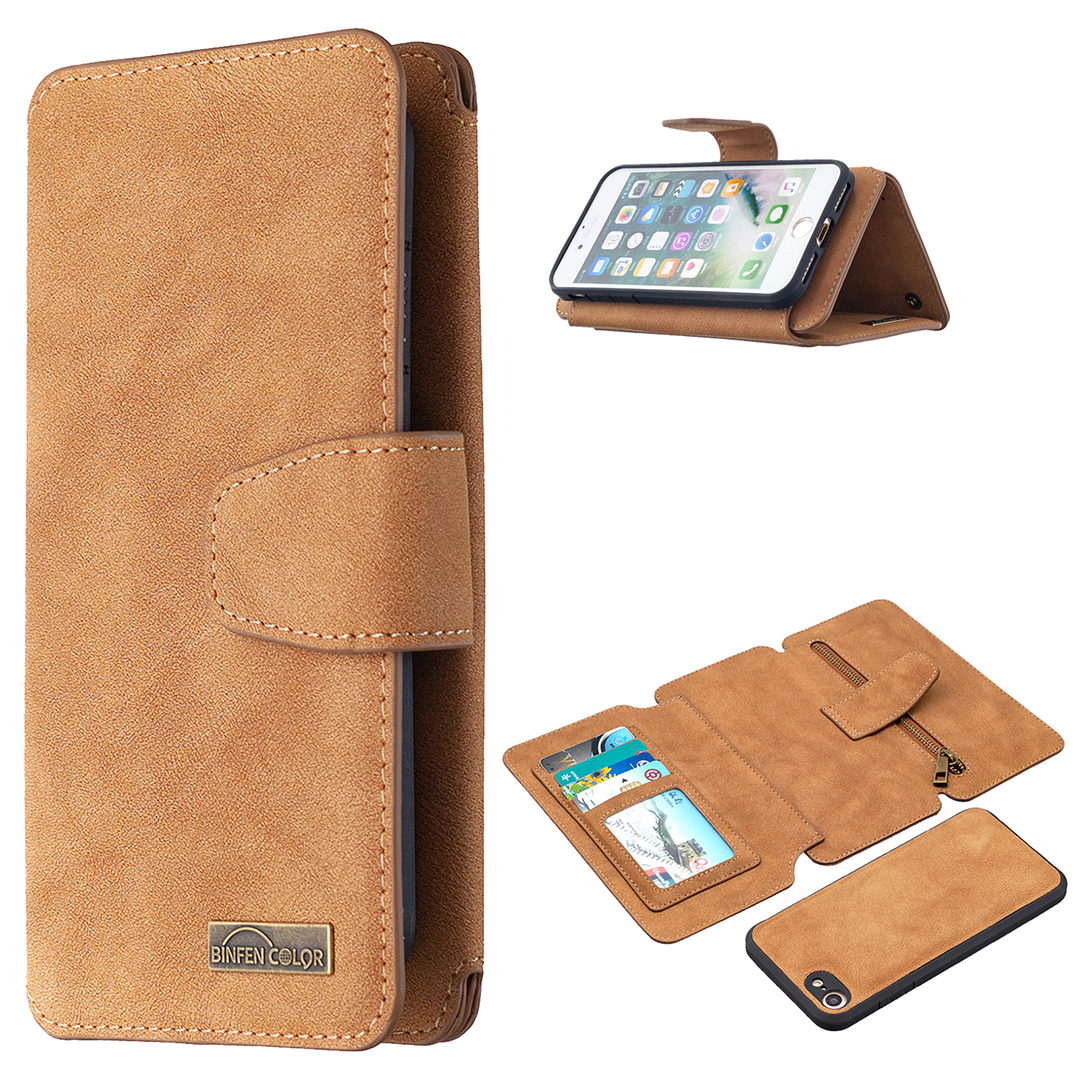 

Detachable Matte Phone Cover Case with Zippered Wallet and Stand for iPhone 7/8/ SE (2020)/ SE (2022) - Light Brown, iPhone SE (2022)
