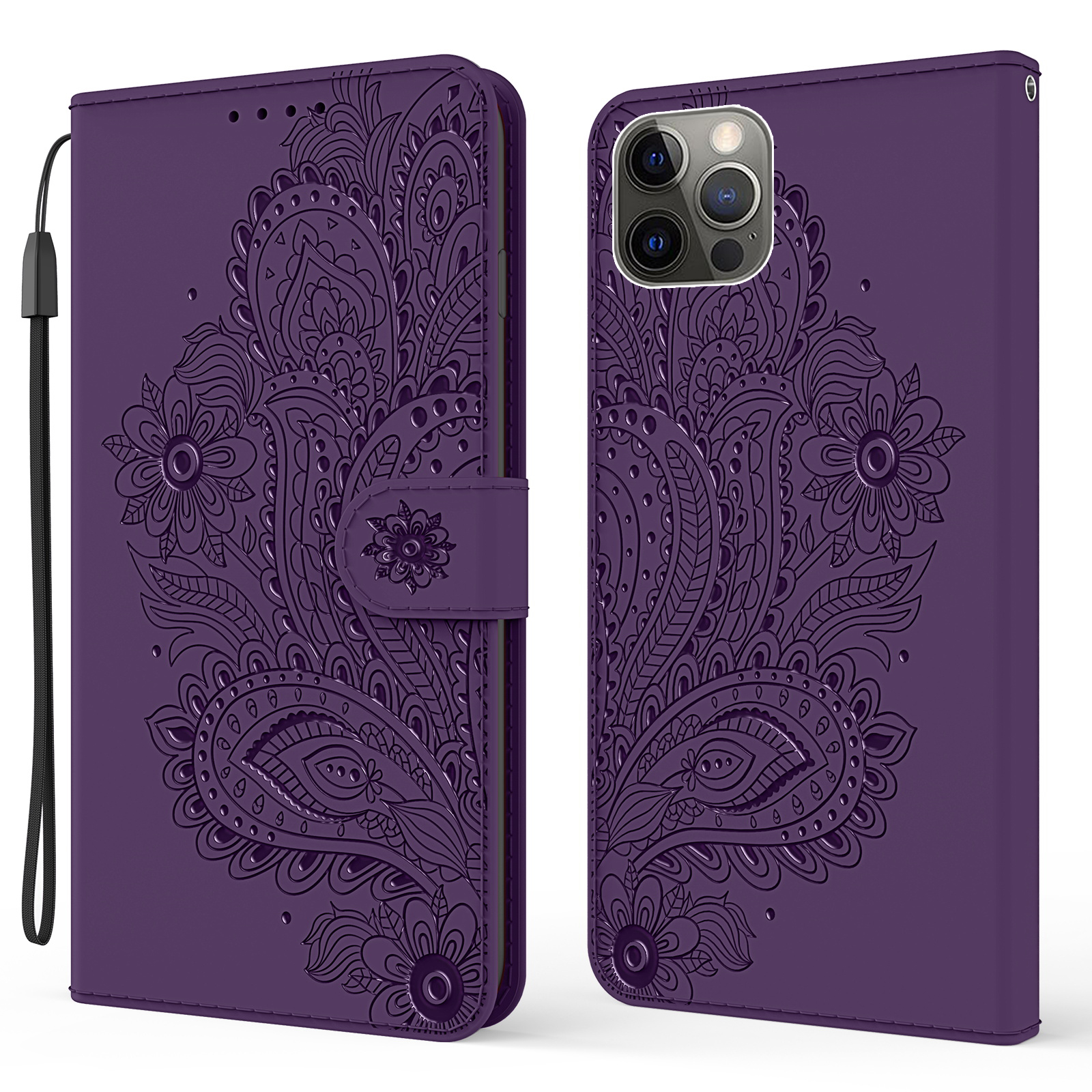 

Leather Wallet Stand Phone Protective Shell with Phoenix Imprinting for iPhone 12/12 Pro - Purple, iPhone 12