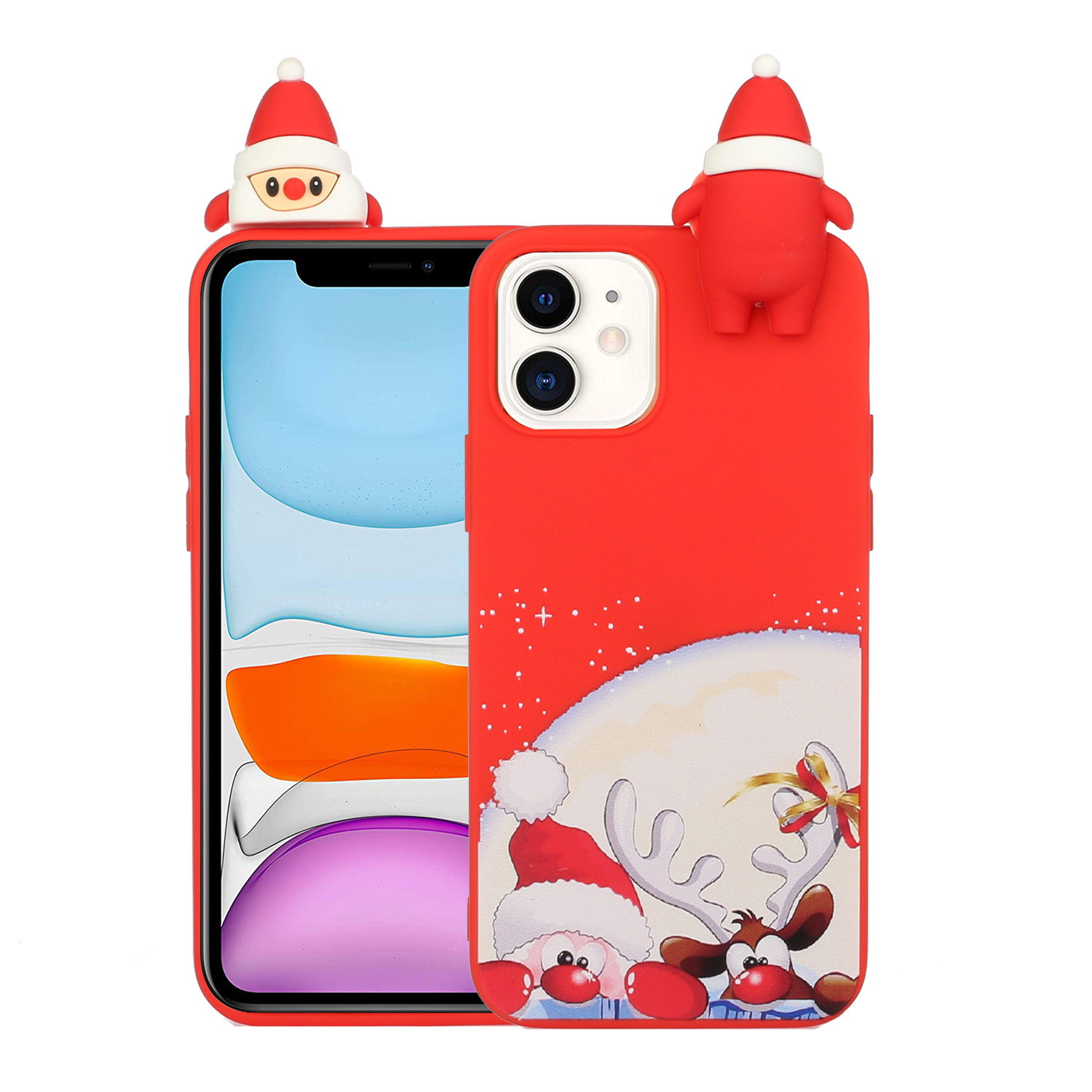 

Christmas Pattern TPU Phone Cover Case with 3D Christmas Doll Decor for iPhone 12 mini - Red Nose Santa and Moose, iPhone 12 mini