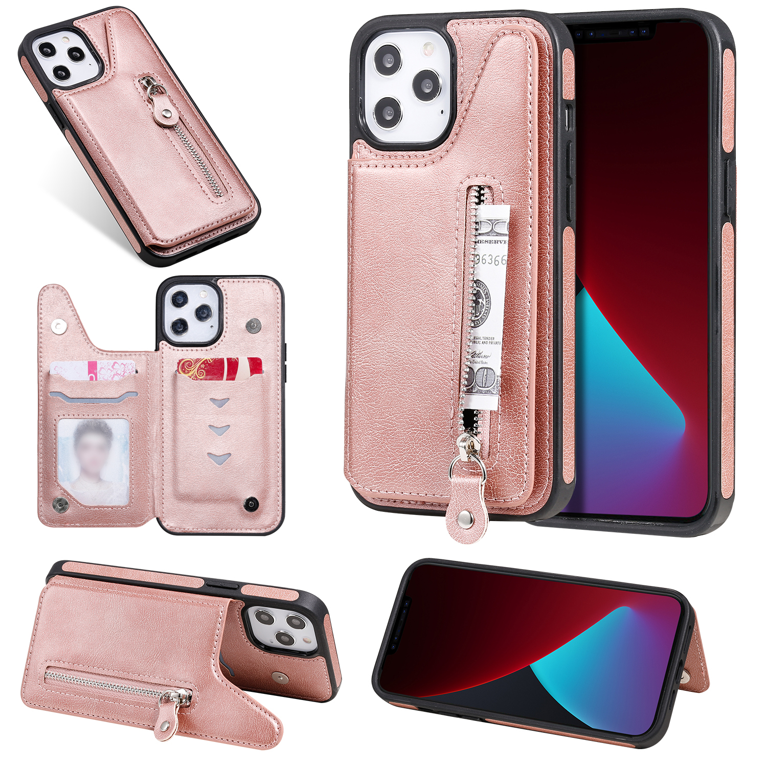 

Zipper Pocket Kickstand Leather + TPU Card Holder Case for iPhone 12 Pro Max - Rose Gold, iPhone 12 Pro Max