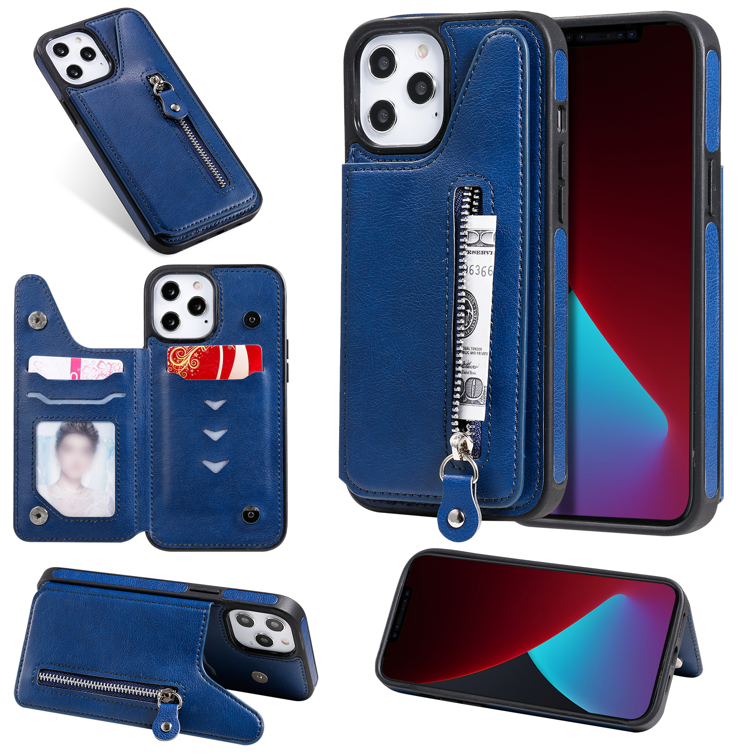 

Zipper Pocket Kickstand Leather + TPU Card Holder Case for iPhone 12 Pro Max - Blue, iPhone 12 Pro Max