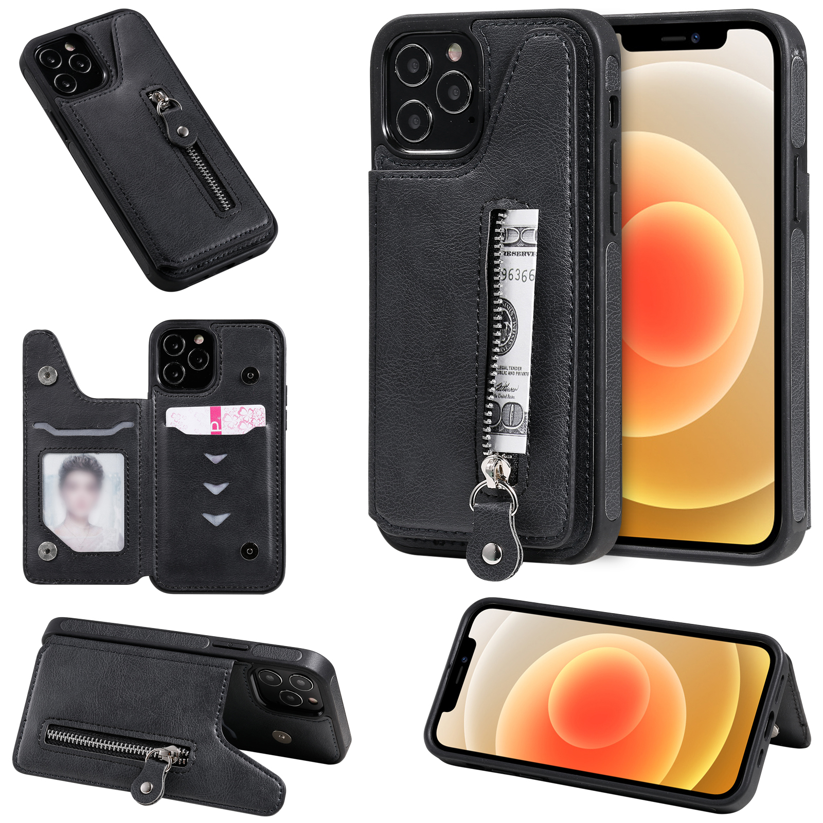 

New Style Zipper Pocket Kickstand for iPhone 12/12 Pro Leather + TPU Card Holder Case - Black, iPhone 12