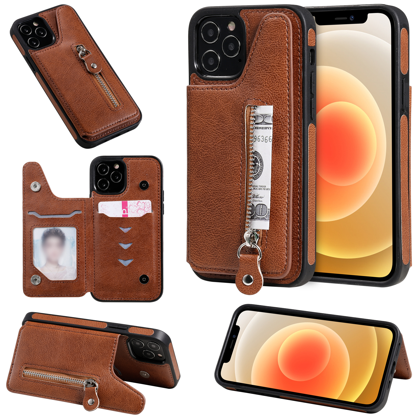 

Новый Стиль Молнии Карманные Кикиста Для IPhone 12/12 Pro Кожа + TPU Держатель Карты - Коричневый, iPhone 12