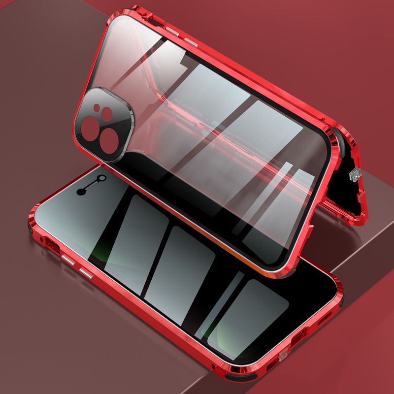 

Metal Frame + Double Side Tempered Glass Lock Installation Protective Cover with Lens Cover for iPhone 12 mini - Red, iPhone 12 mini