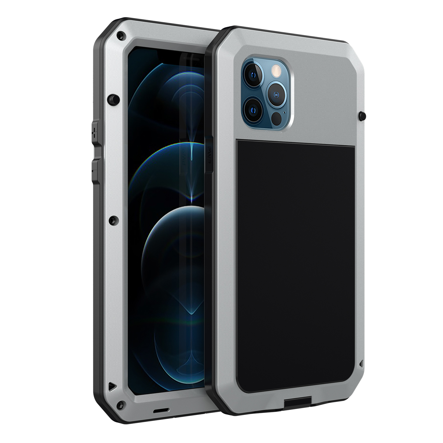 

TPU + Metal + Tempered Glass Film Tank Shockproof Phone Case for iPhone 12 Pro Max - Silver, iPhone 12 Pro Max