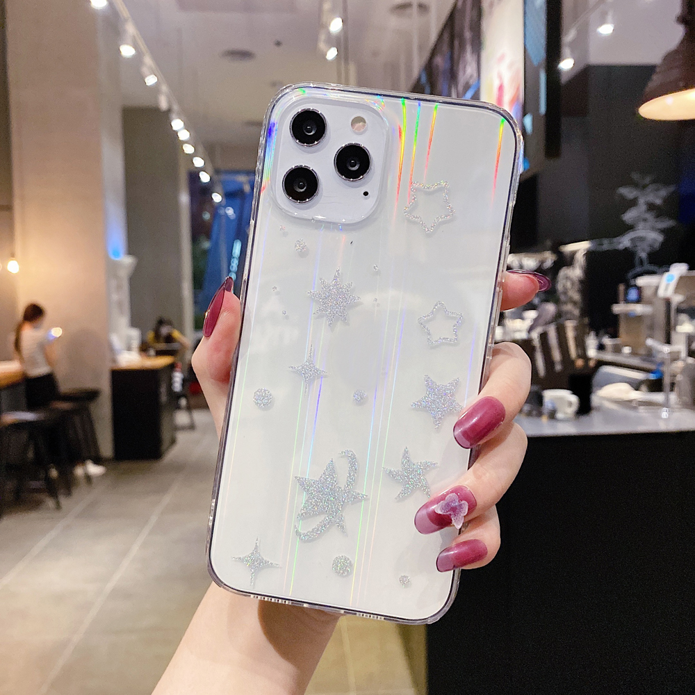 

Смятительный Шаблон Мягкий TPU Laser Phone Protetcive Shell Для Iphone 12 Pro - Серебряные Звезды