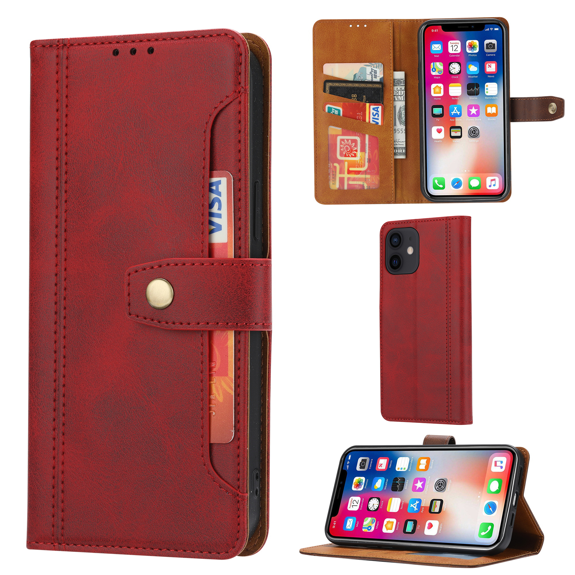 

Кожаный Кошелек Стенд Телефон Оболочки С Поддержкой Подставкой Для IPhone 12 Mini - Красный, iPhone 12 mini