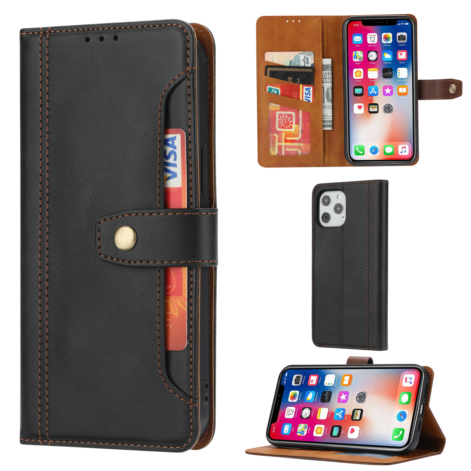 

Leather Wallet Stand Phone Shell with Supporting Stand for iPhone 12 Pro / iPhone 12 - Black, iPhone 12 Pro