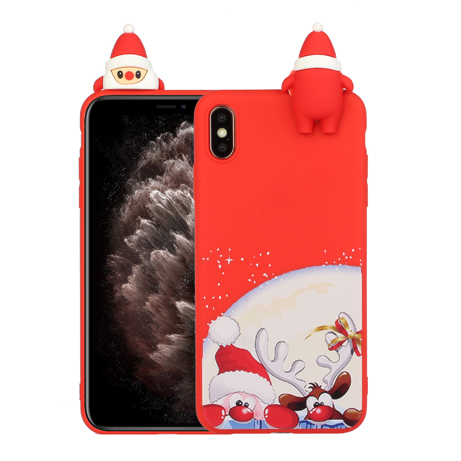 

Christmas Theme 3D Doll Decor Pattern Printing TPU Phone Cover Case for iPhone X/XS - Red Nose Santa and Moose, iPhone X