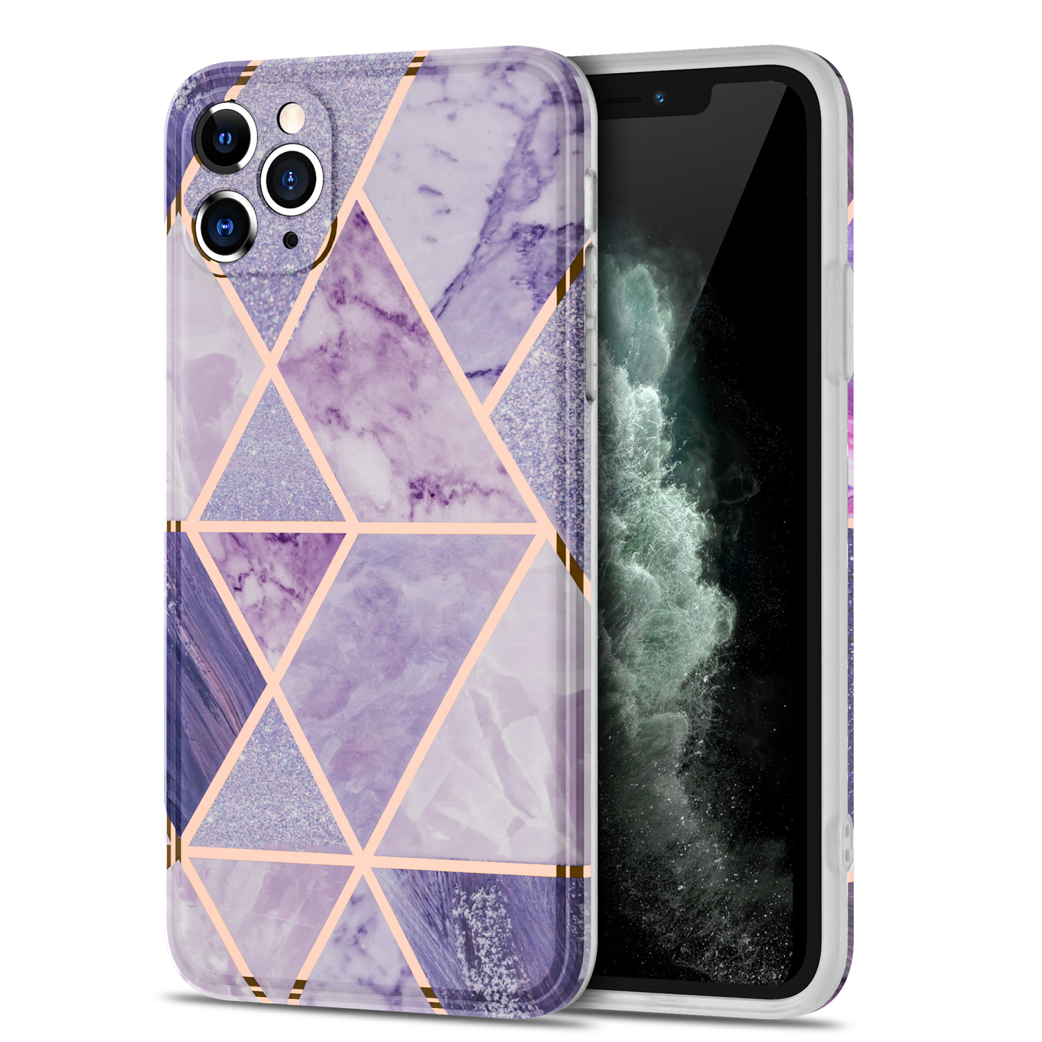 

MF Straight Edge Marble Pattern Splicing Printing Electroplating Phone Protector for iPhone 11 Pro Max - Light Purple, iPhone 11 Pro Max 6.5 inch
