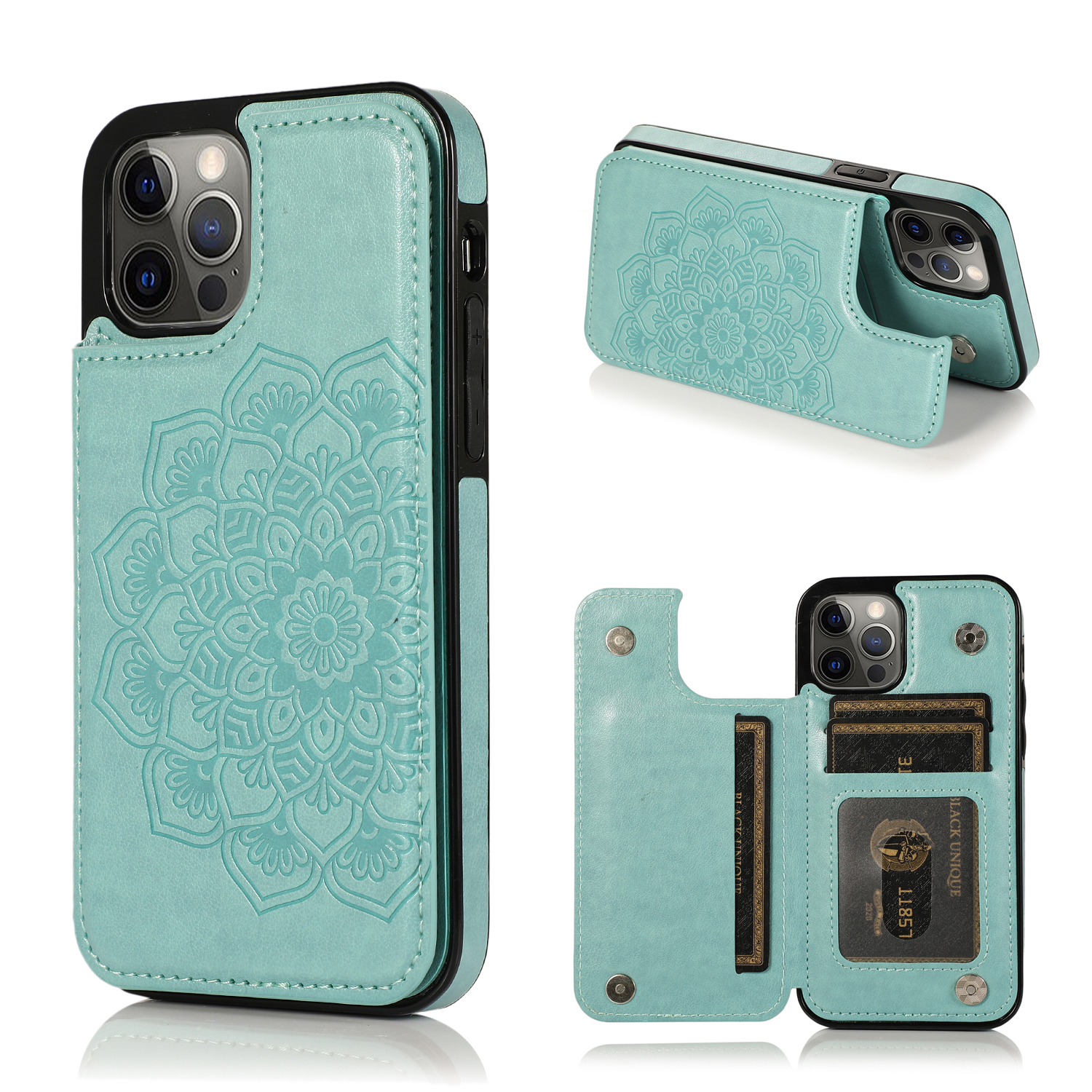 

Imprint Mandala Flower Kickstand for iPhone 12 Pro Max PU Leather + TPU Hybrid Cell Phone Case - Sky Blue, iPhone 12 Pro Max