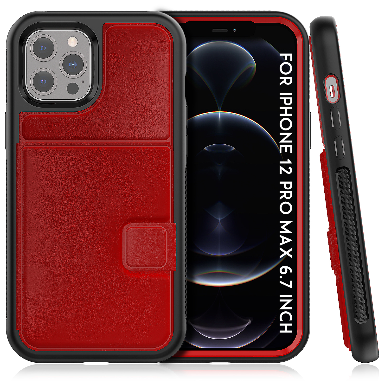 

Outer Card Holder and Cash Slots + PU Leather Coated TPU Back Cover for iPhone 12 mini - Red, iPhone 12 mini