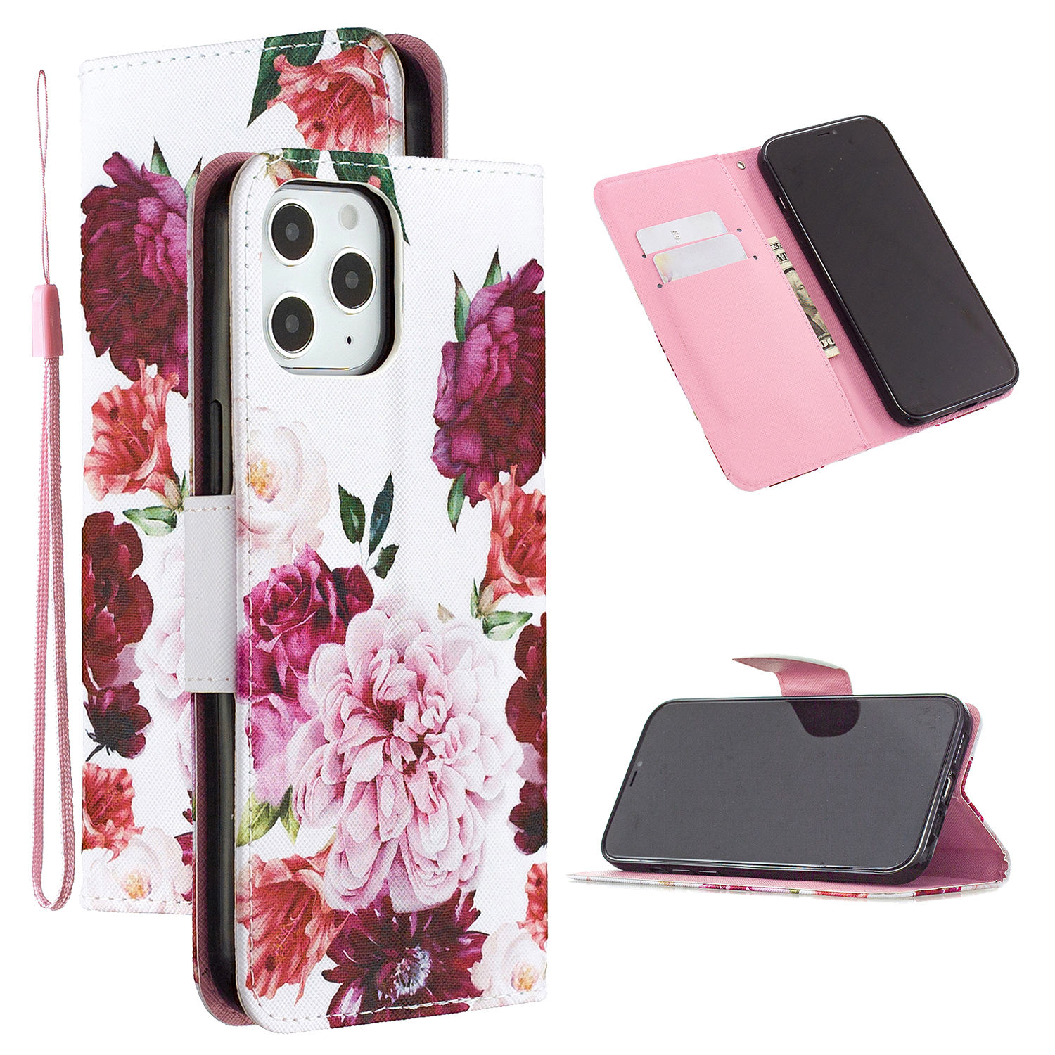 

PU Leather Wallet Stand Pattern Printing Phone Cover Case with Strap for iPhone 12/12 Pro - Pink Flower, iPhone 12