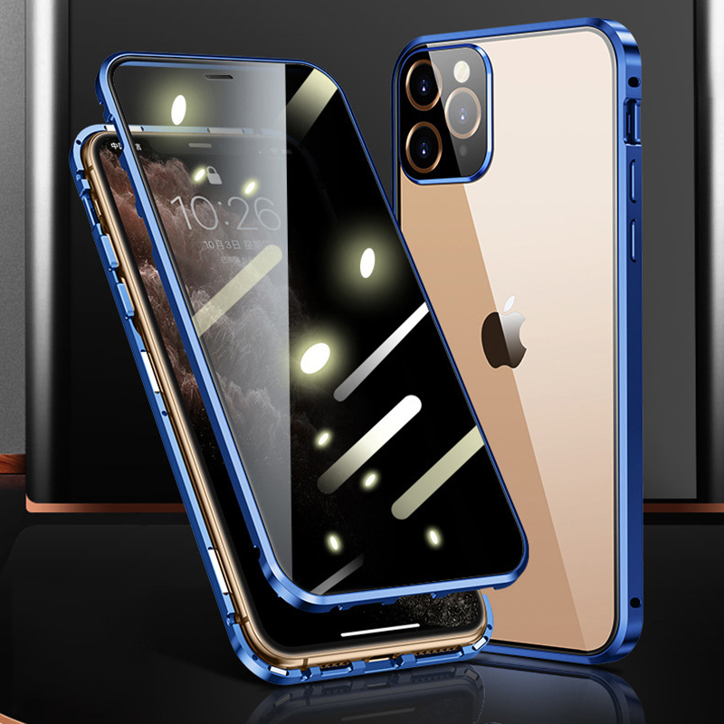 

Magnetic Installation Metal Frame + Double-sided Tempered Glass Full Covering Case for iPhone 12 - Blue, iPhone 12