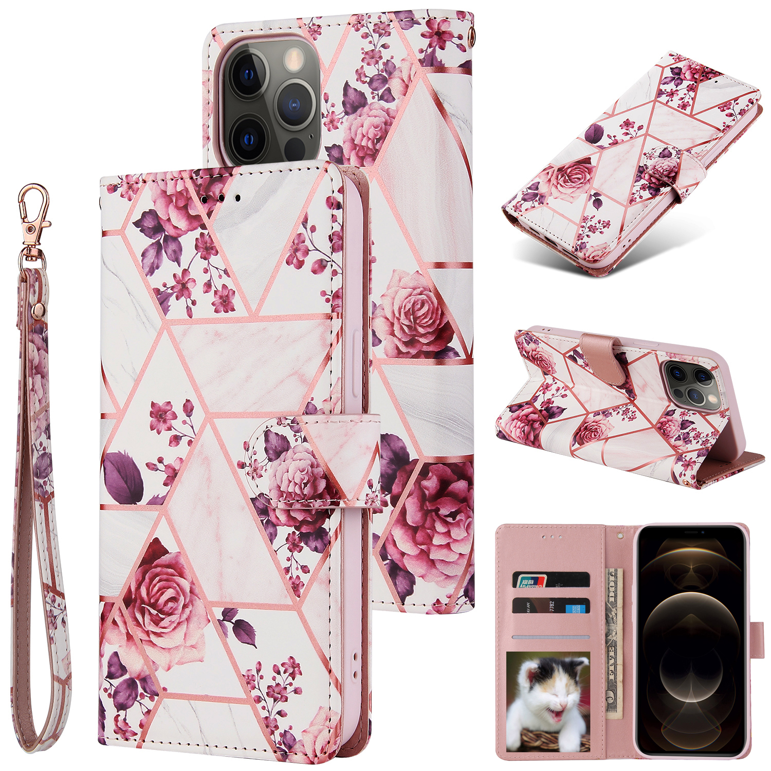 

Marble Pattern Lacquered Leather Case for iPhone 12/12 Pro Protection Shell - Rose Flower, iPhone 12