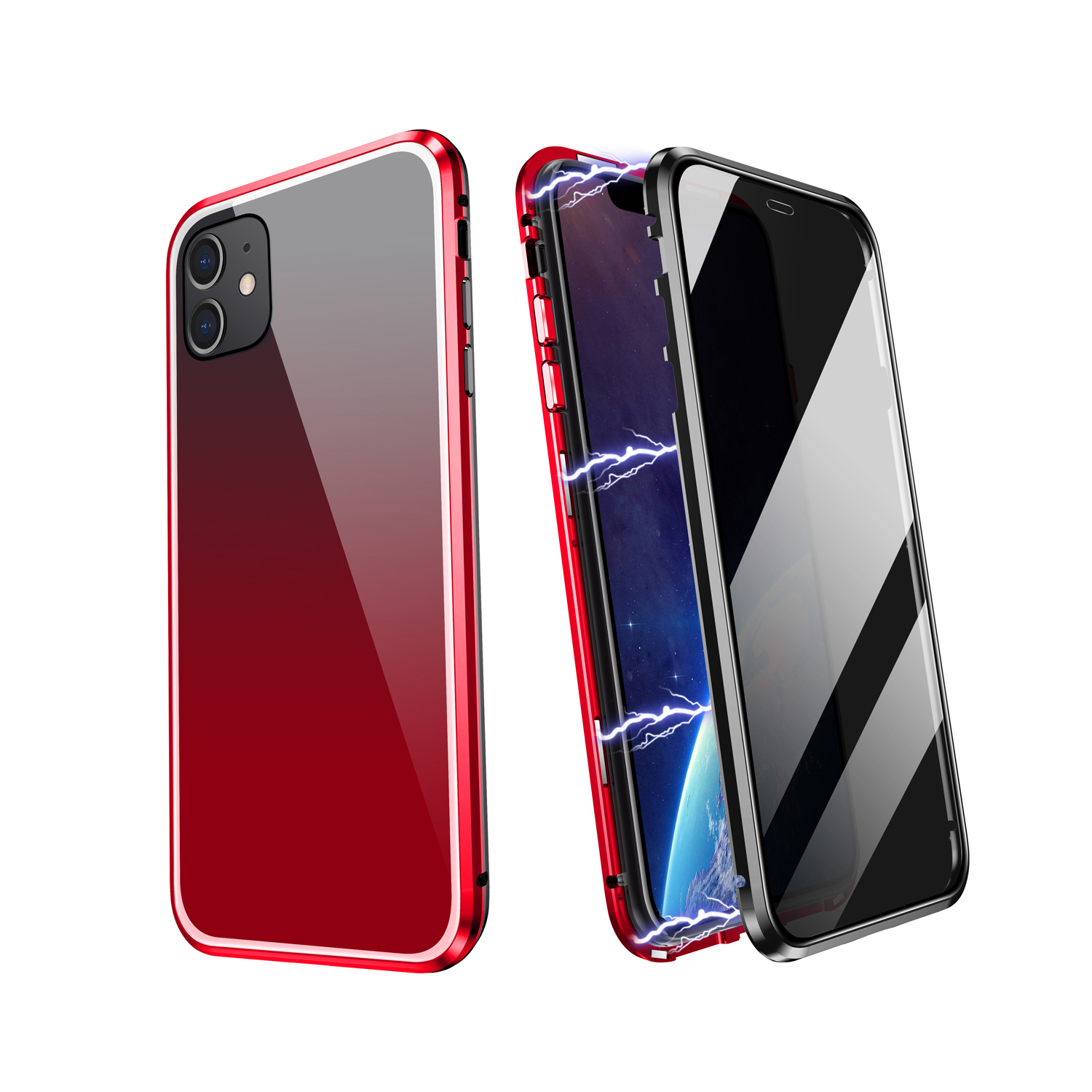 

Anti-Spy Design Gradient Color Закаленное Стекло + Алюминиевая Рама Сплава Полная Защитная Оболочка Для IPhone 12 Mini - Черный Красный, iPhone 12 mini