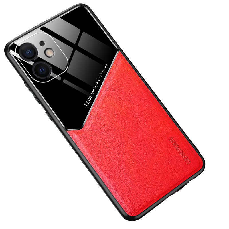 

Встроенный Магнитный Металлический Лист Для IPhone 12 Мини Кожа Кожа Стекла PC TPU Гибридный Чехол - Красный, iPhone 12 mini