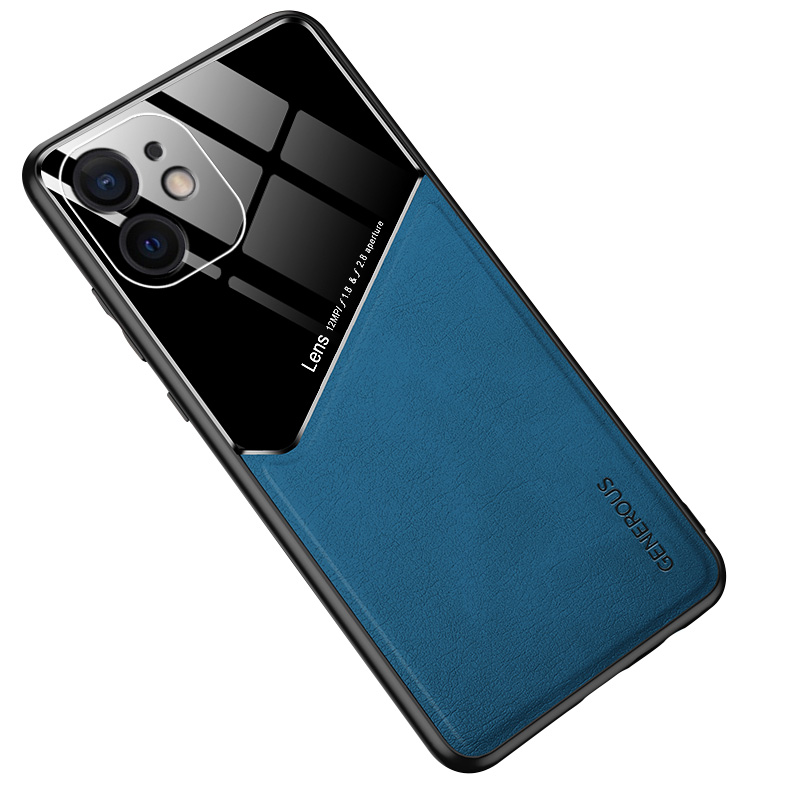 

Built-in Magnetic Metal Sheet for iPhone 12 mini Leather Skin Glass PC TPU Hybrid Case - Blue, iPhone 12 mini