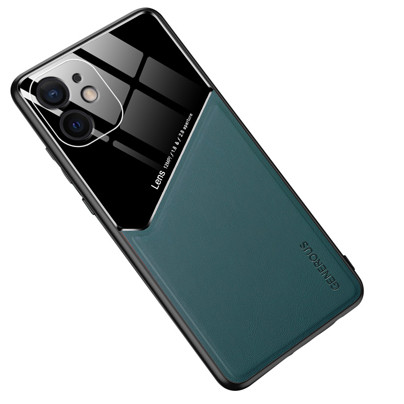 

Built-in Magnetic Metal Sheet for iPhone 12 mini Leather Skin Glass PC TPU Hybrid Case - Green, iPhone 12 mini