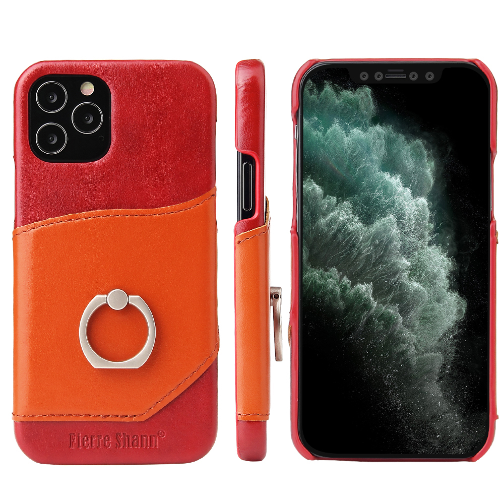 

FIERRE SHANN Leather Card Holder Back Cover with Ring Kickstand for iPhone 12 Pro Max - Red, iPhone 12 Pro Max