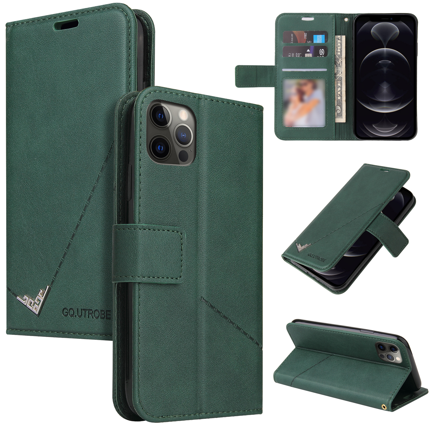 

GQ.UTROBE Rectangular Metal Decor Stand Leather Cover for iPhone 12 Pro / iPhone 12 - Green, iPhone 12 Pro