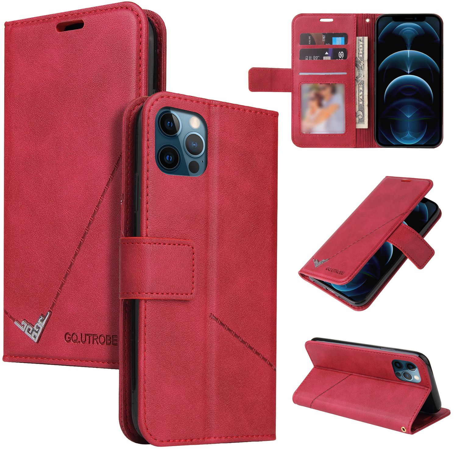 

GQ.UTROBE Rectangular Metal Decor Stand Leather Case Cover for iPhone 12 Pro Max - Red, iPhone 12 Pro Max