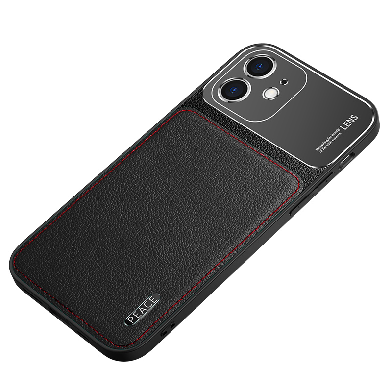 

Frosted Metal Shell + PU Leather Coated PC Phone Cover Case for iPhone 12 - Black, iPhone 12